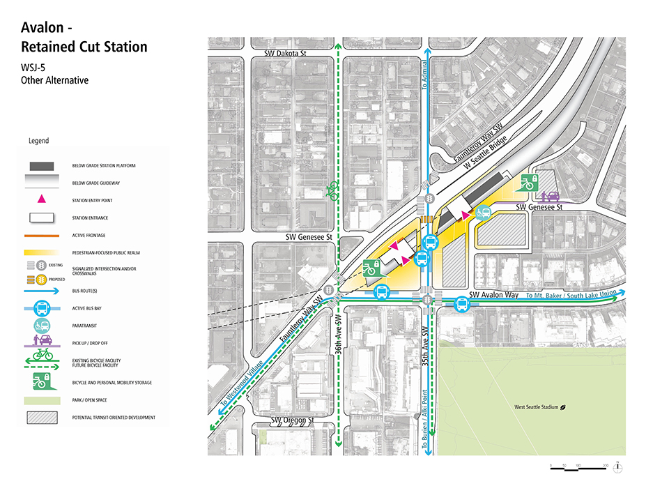 A map that describes how pedestrians, bus riders, bicyclists, and drivers could access the Avalon - Retained Cut Station Alternative.